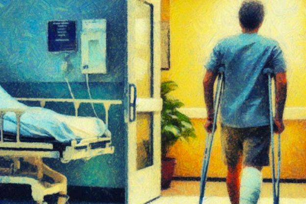 Painting of man walking through hospital corridors on crutches