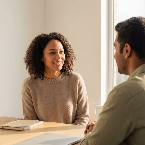 a man and woman discussing a workers comp claim